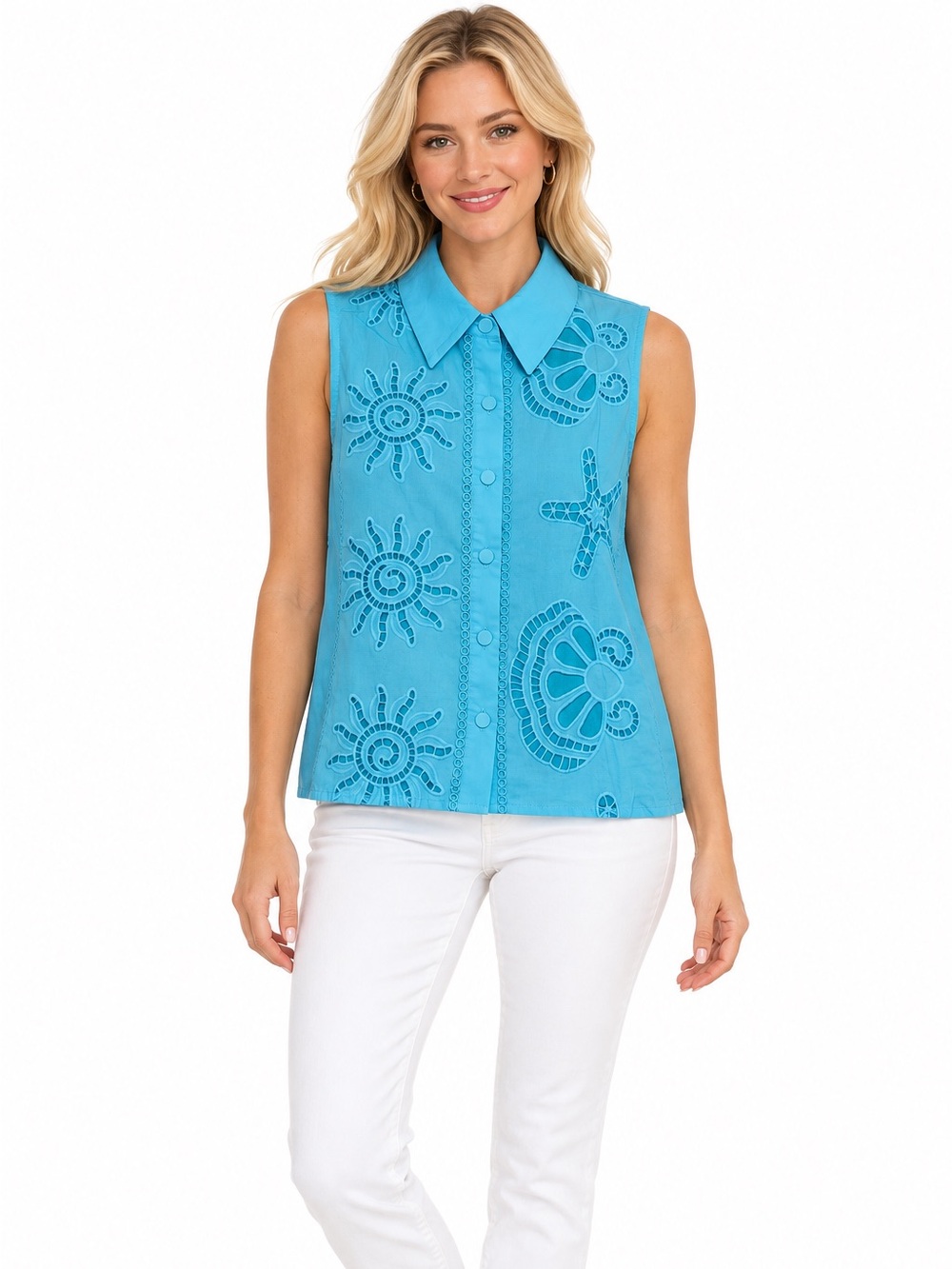 Entro NWT Size Large Sleeveless Blue Summer Print Eyelet Button-Front Top